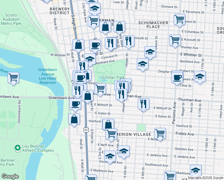 map of restaurants, bars, coffee shops, grocery stores, and more near 1094 South 4th Street in Columbus
