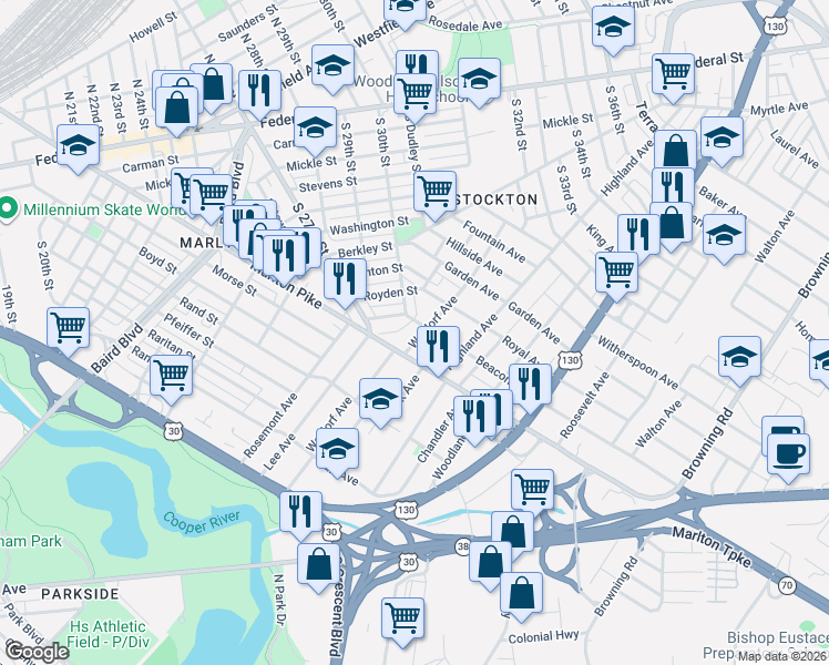 map of restaurants, bars, coffee shops, grocery stores, and more near 3004 Waldorf Avenue in Camden