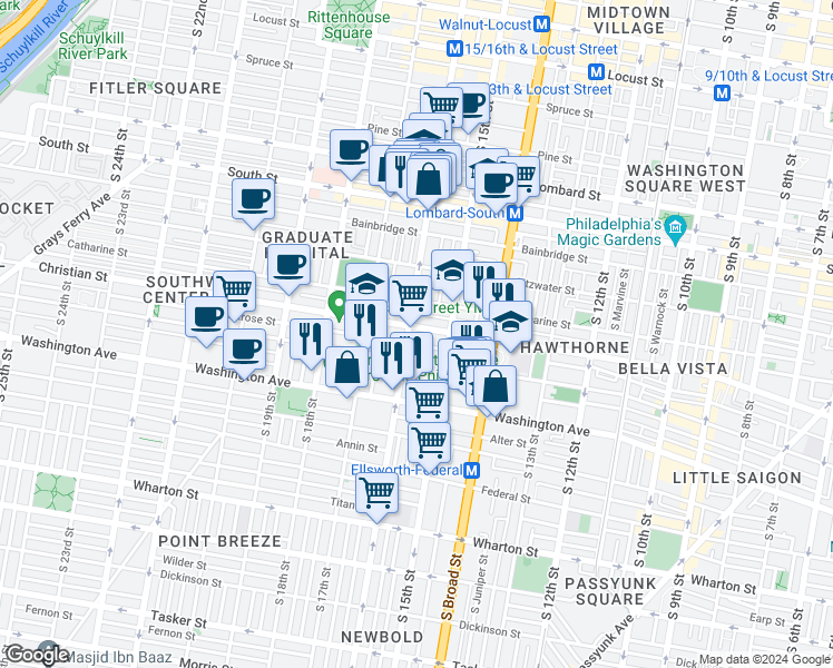 map of restaurants, bars, coffee shops, grocery stores, and more near 1538 Christian Street in Philadelphia