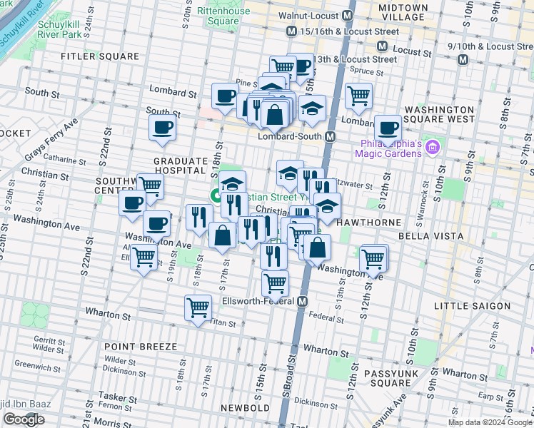 map of restaurants, bars, coffee shops, grocery stores, and more near 1538 Christian Street in Philadelphia