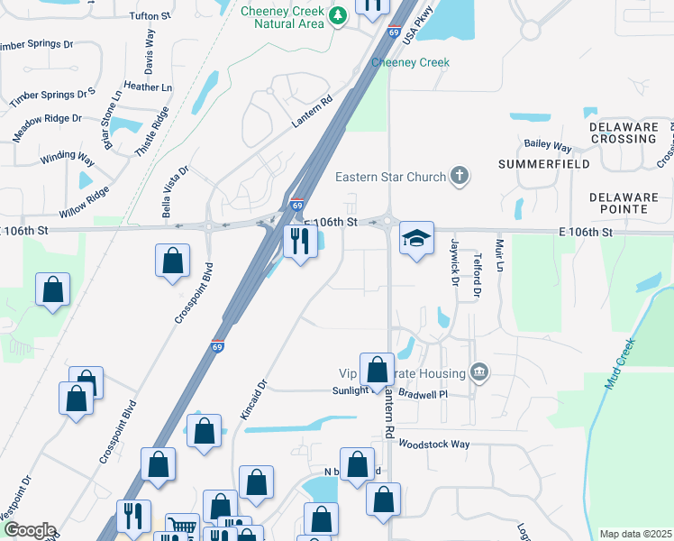 map of restaurants, bars, coffee shops, grocery stores, and more near 10501 Kincaid Drive in Fishers