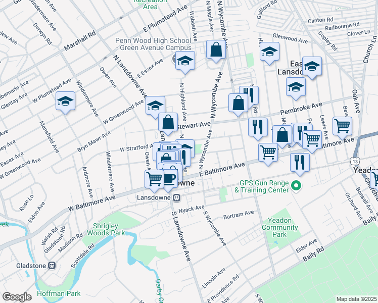 map of restaurants, bars, coffee shops, grocery stores, and more near 37 East Lacrosse Avenue in Lansdowne