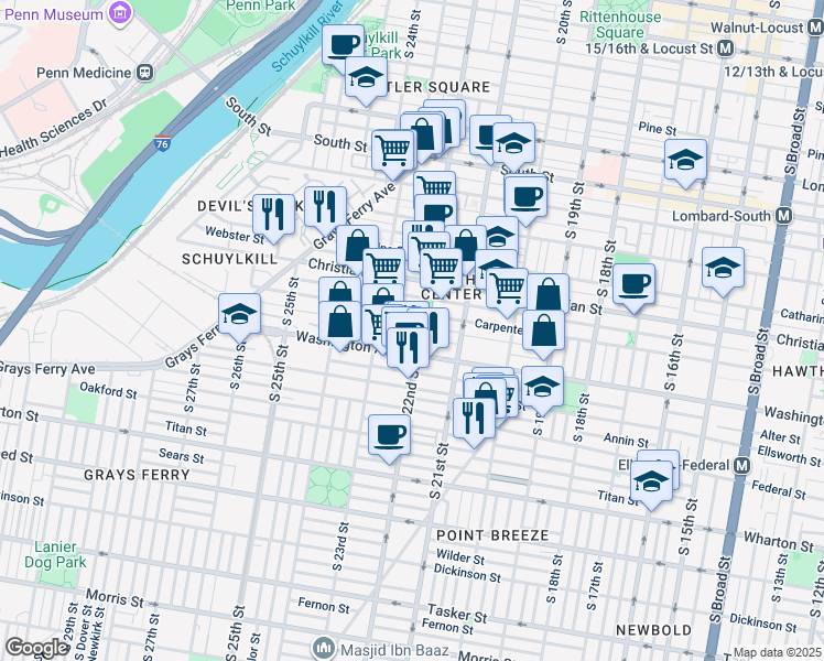 map of restaurants, bars, coffee shops, grocery stores, and more near 2202 Kimball Street in Philadelphia