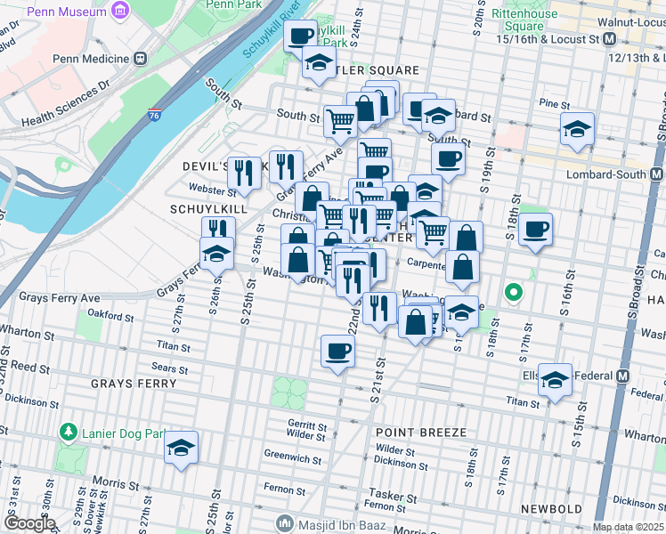 map of restaurants, bars, coffee shops, grocery stores, and more near 2247 League Street in Philadelphia