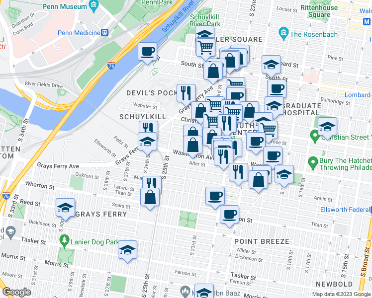 map of restaurants, bars, coffee shops, grocery stores, and more near 2412 Innovator Way in Philadelphia