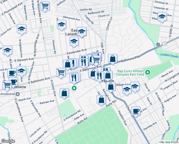 map of restaurants, bars, coffee shops, grocery stores, and more near 900 East Baltimore Avenue in Lansdowne