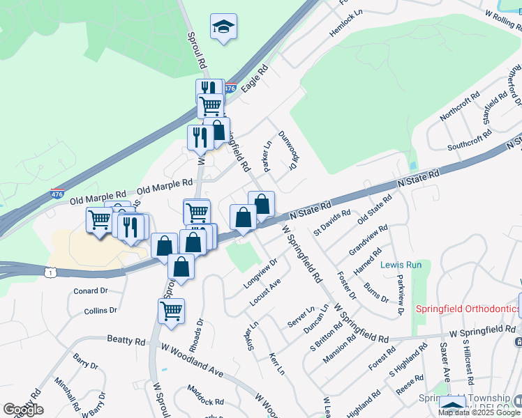 map of restaurants, bars, coffee shops, grocery stores, and more near 713 Buttonwood Drive in Springfield
