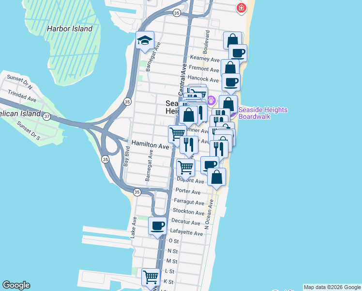 map of restaurants, bars, coffee shops, grocery stores, and more near 128 Hamilton Avenue in Seaside Heights