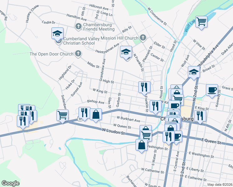 map of restaurants, bars, coffee shops, grocery stores, and more near 437 West King Street in Chambersburg