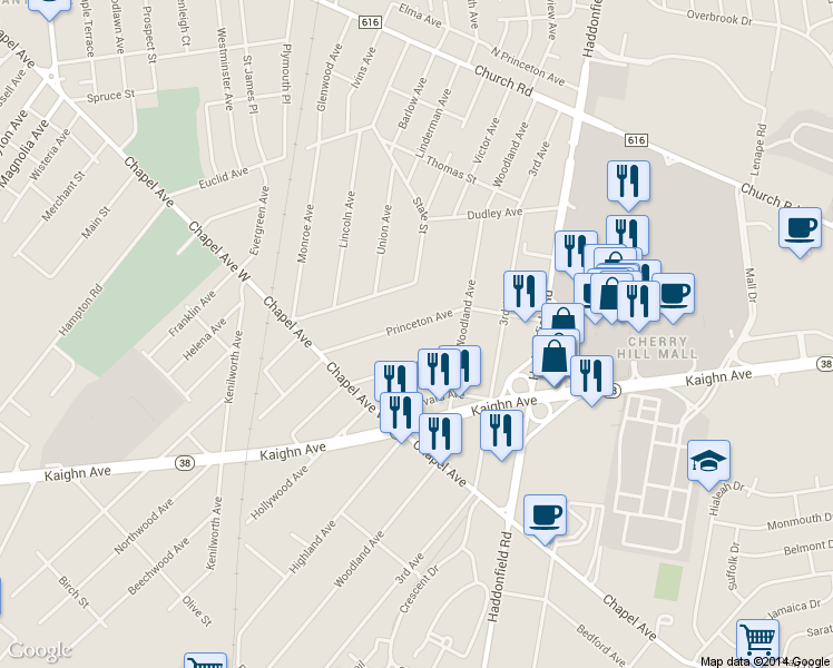 map of restaurants, bars, coffee shops, grocery stores, and more near 421 Princeton Avenue in Cherry Hill