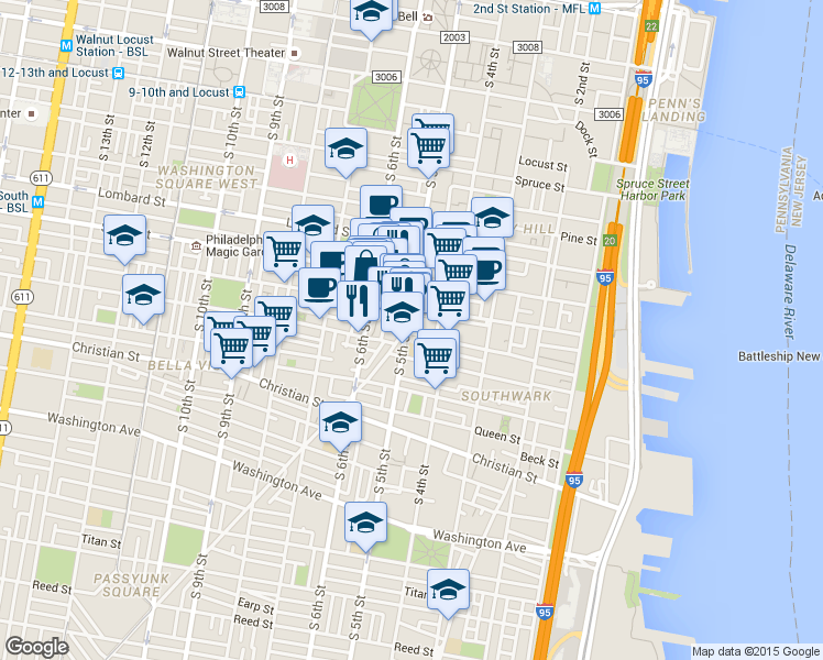 map of restaurants, bars, coffee shops, grocery stores, and more near 703 South 5th Street in Philadelphia