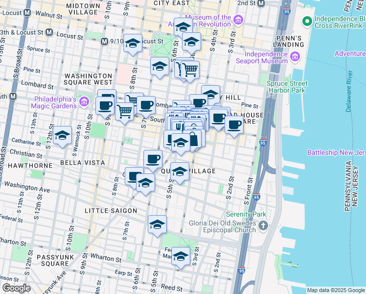 map of restaurants, bars, coffee shops, grocery stores, and more near 427 Monroe Street in Philadelphia