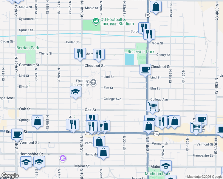 map of restaurants, bars, coffee shops, grocery stores, and more near 2027 Elm Street in Quincy