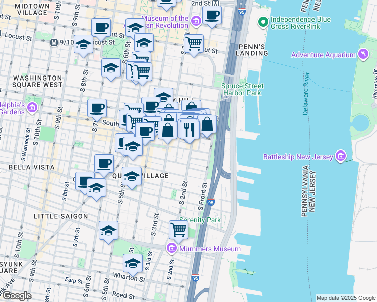 map of restaurants, bars, coffee shops, grocery stores, and more near 700 South 2nd Street in Philadelphia