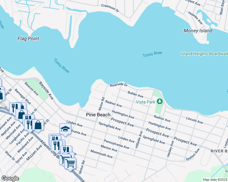 map of restaurants, bars, coffee shops, grocery stores, and more near 5 Avon Road in Pine Beach
