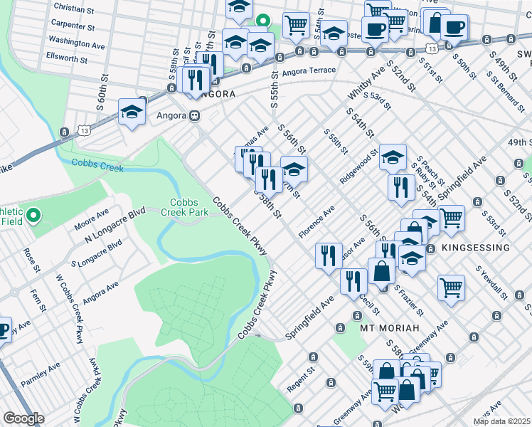 map of restaurants, bars, coffee shops, grocery stores, and more near 5811 Willows Avenue in Philadelphia