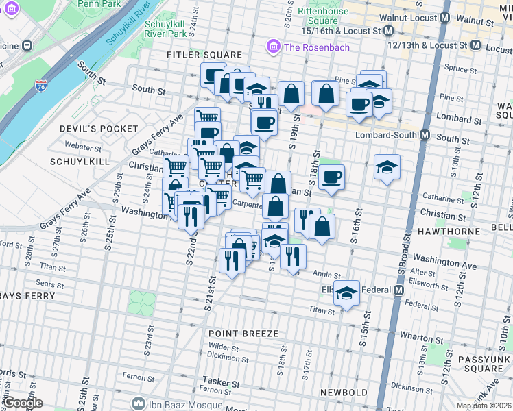 map of restaurants, bars, coffee shops, grocery stores, and more near South 20th Street & Carpenter Street in Philadelphia