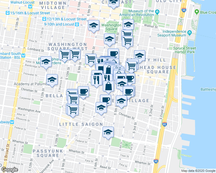 map of restaurants, bars, coffee shops, grocery stores, and more near 738 South 6th Street in Philadelphia