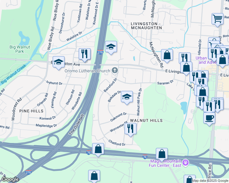 map of restaurants, bars, coffee shops, grocery stores, and more near 1838-1840 Bairsford Circle South in Columbus