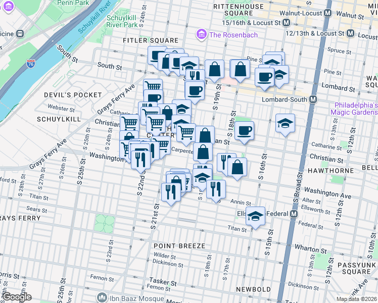 map of restaurants, bars, coffee shops, grocery stores, and more near Carpenter Street in Philadelphia