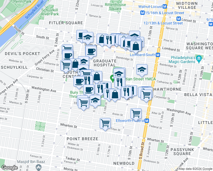 map of restaurants, bars, coffee shops, grocery stores, and more near 1802 Montrose Street in Philadelphia
