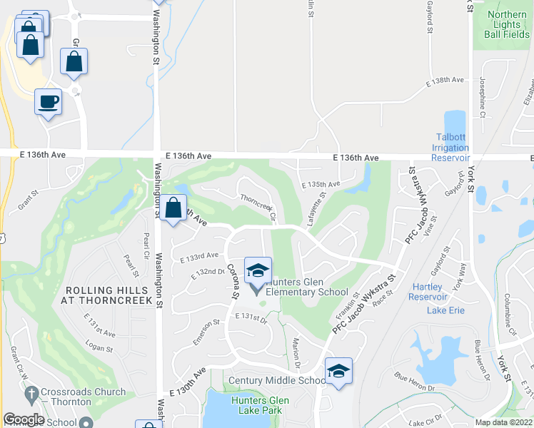 map of restaurants, bars, coffee shops, grocery stores, and more near 13425 Thorncreek Circle in Thornton