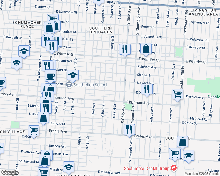 map of restaurants, bars, coffee shops, grocery stores, and more near in Columbus