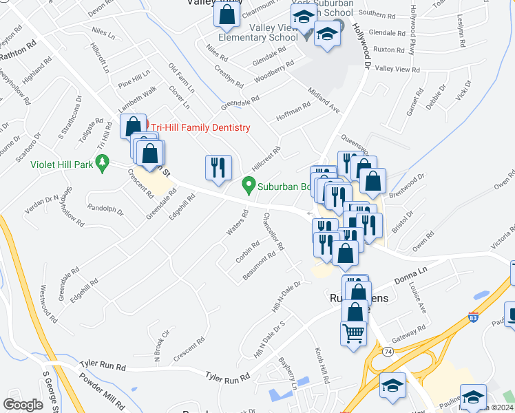 map of restaurants, bars, coffee shops, grocery stores, and more near 2002 South Queen Street in York