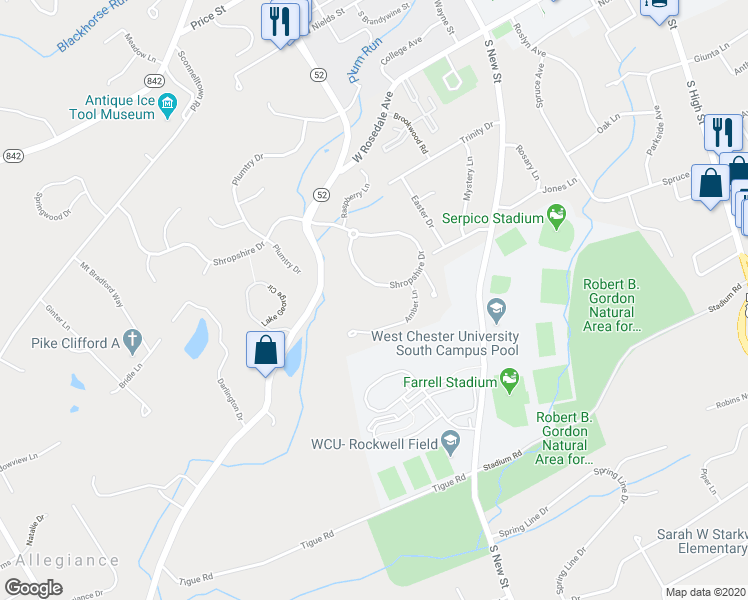 map of restaurants, bars, coffee shops, grocery stores, and more near 729 Shropshire Drive in West Chester