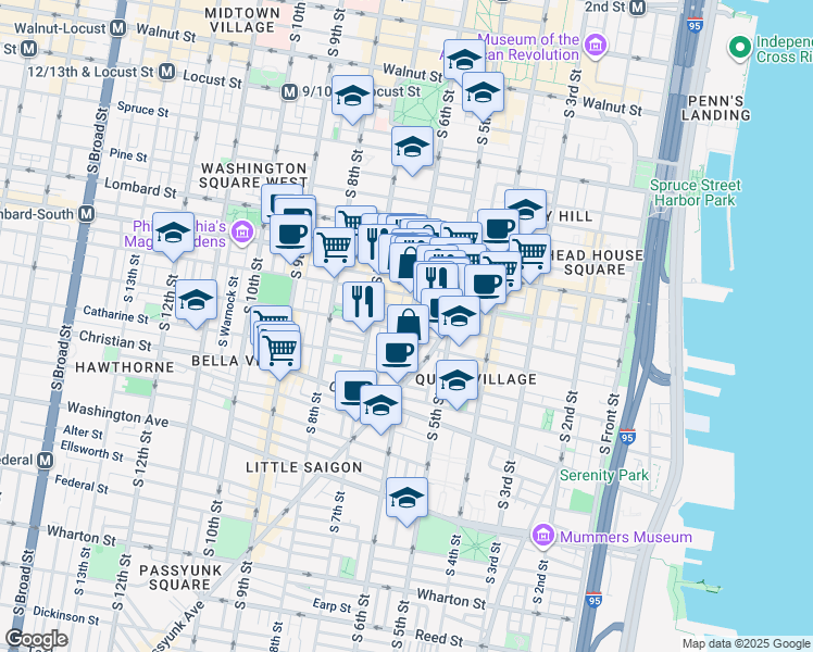 map of restaurants, bars, coffee shops, grocery stores, and more near 738 South 6th Street in Philadelphia