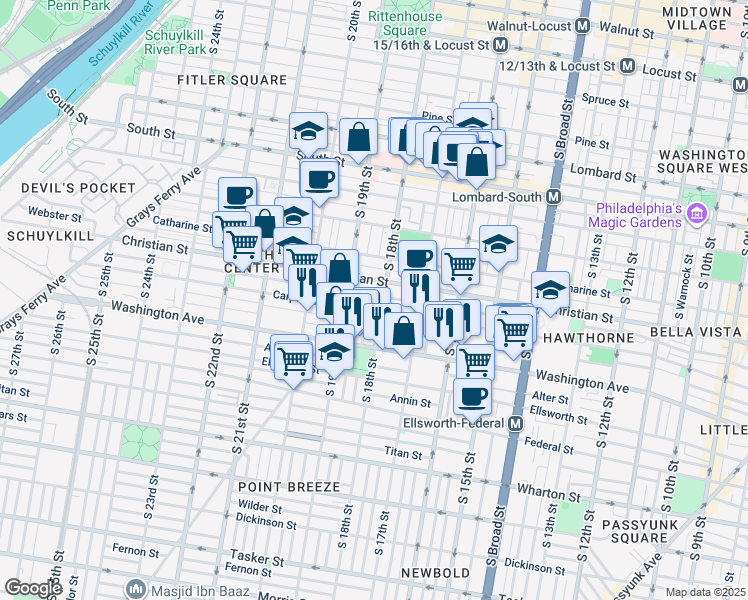 map of restaurants, bars, coffee shops, grocery stores, and more near 1802 Montrose Street in Philadelphia