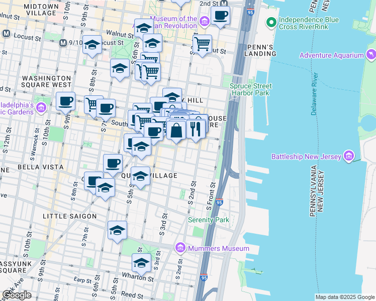 map of restaurants, bars, coffee shops, grocery stores, and more near 218 Bainbridge Street in Philadelphia