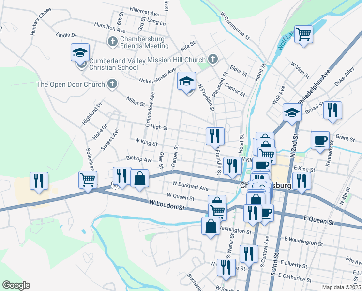 map of restaurants, bars, coffee shops, grocery stores, and more near 353 West King Street in Chambersburg