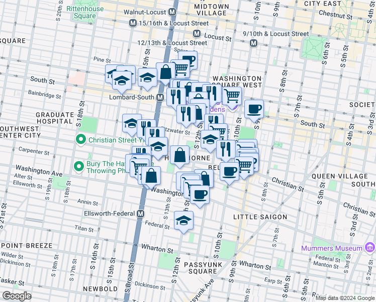map of restaurants, bars, coffee shops, grocery stores, and more near 1220 Catharine Street in Philadelphia