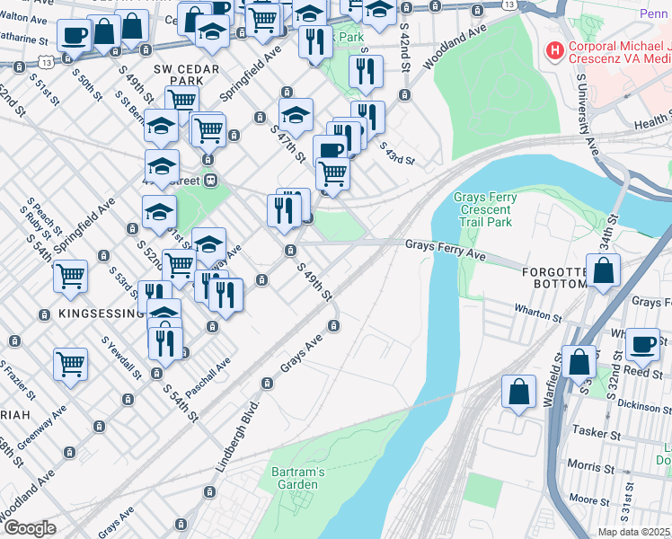 map of restaurants, bars, coffee shops, grocery stores, and more near 4822 Paschall Avenue in Philadelphia