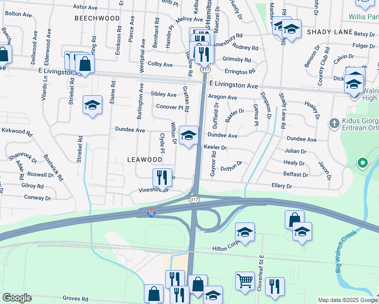 map of restaurants, bars, coffee shops, grocery stores, and more near 1677 South Hamilton Road in Columbus