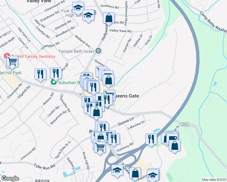 map of restaurants, bars, coffee shops, grocery stores, and more near 2005 Maplewood Drive in York
