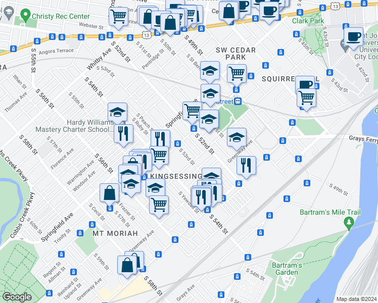 map of restaurants, bars, coffee shops, grocery stores, and more near 1330 South Lindenwood Street in Philadelphia