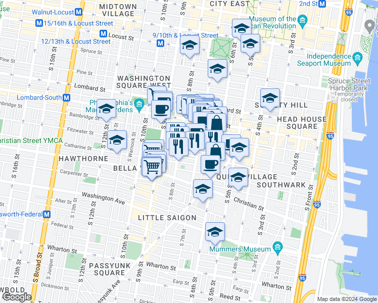map of restaurants, bars, coffee shops, grocery stores, and more near 722 Fitzwater Street in Philadelphia
