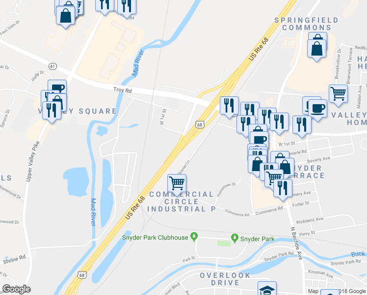 map of restaurants, bars, coffee shops, grocery stores, and more near US Route 68 in Springfield