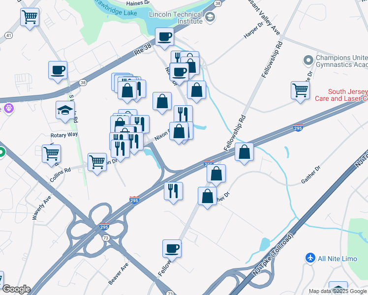 map of restaurants, bars, coffee shops, grocery stores, and more near in Moorestown