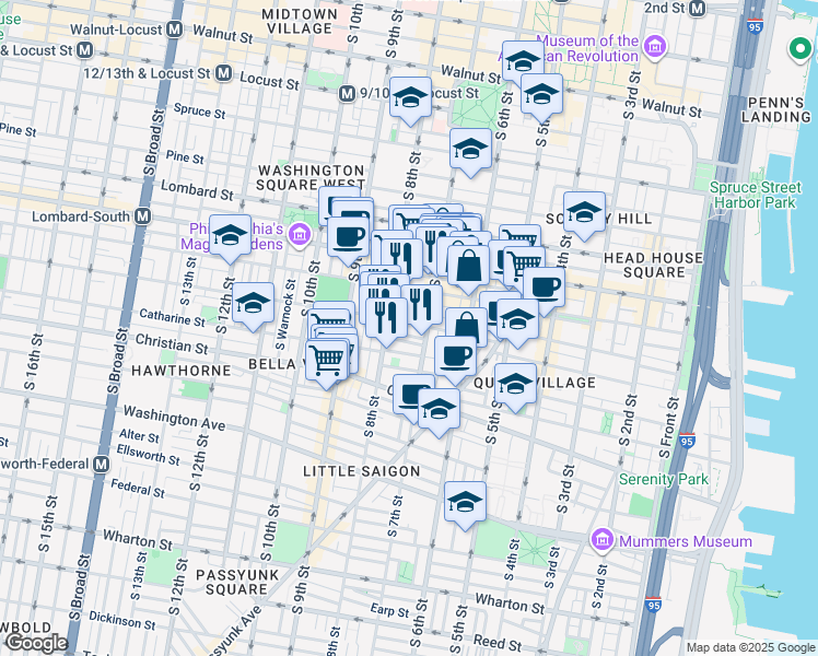 map of restaurants, bars, coffee shops, grocery stores, and more near 722 Fitzwater Street in Philadelphia