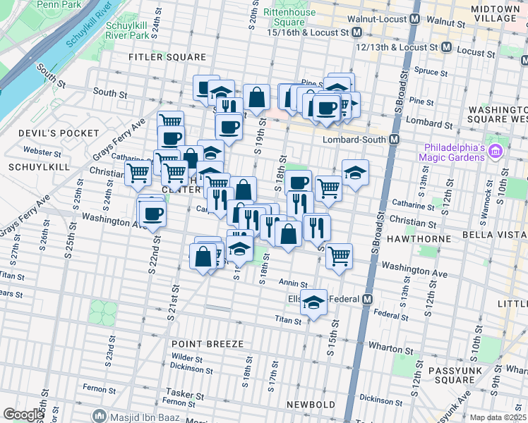map of restaurants, bars, coffee shops, grocery stores, and more near 1810 Montrose Street in Philadelphia