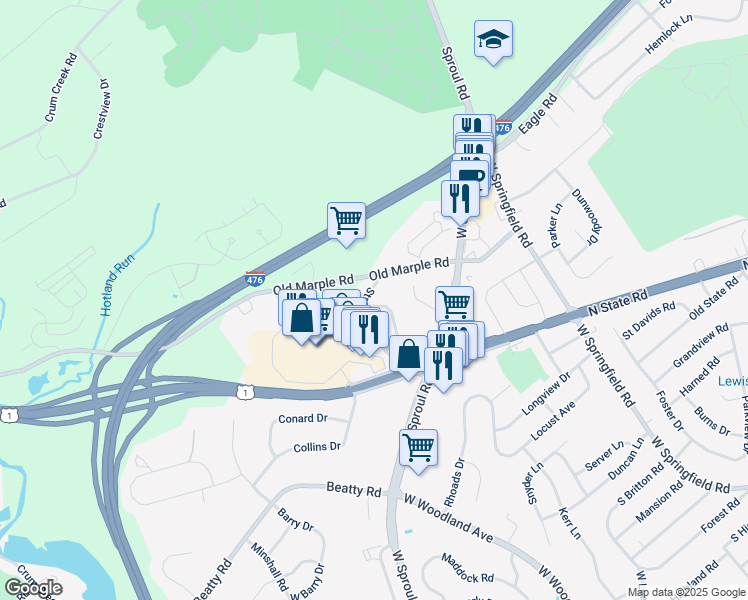 map of restaurants, bars, coffee shops, grocery stores, and more near 21 Stratford Drive in Springfield