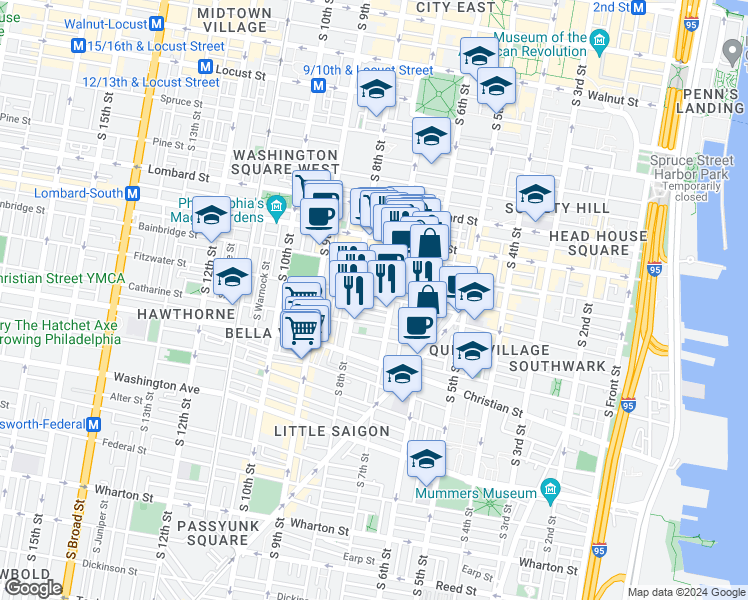 map of restaurants, bars, coffee shops, grocery stores, and more near 724 Fitzwater Street in Philadelphia