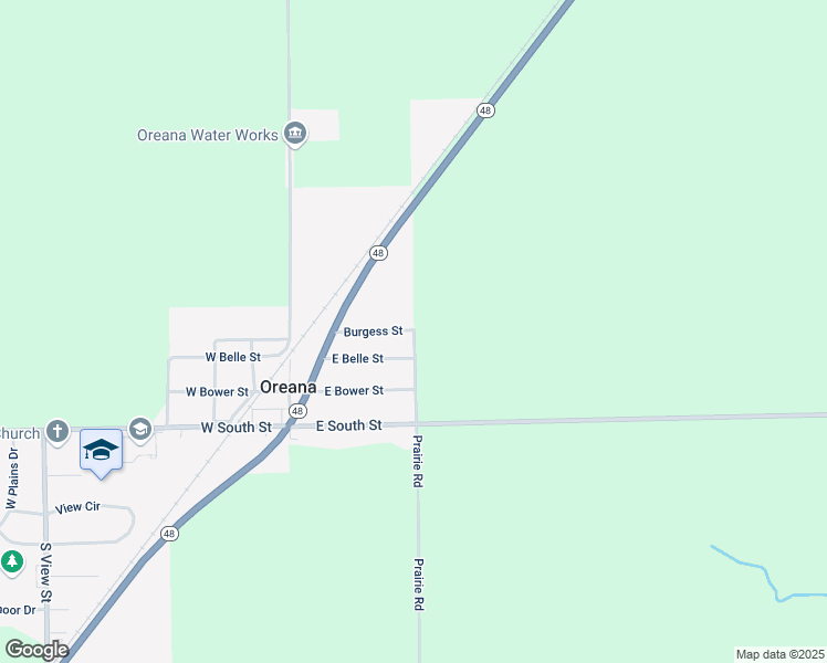 map of restaurants, bars, coffee shops, grocery stores, and more near 125 Burgess St in Oreana