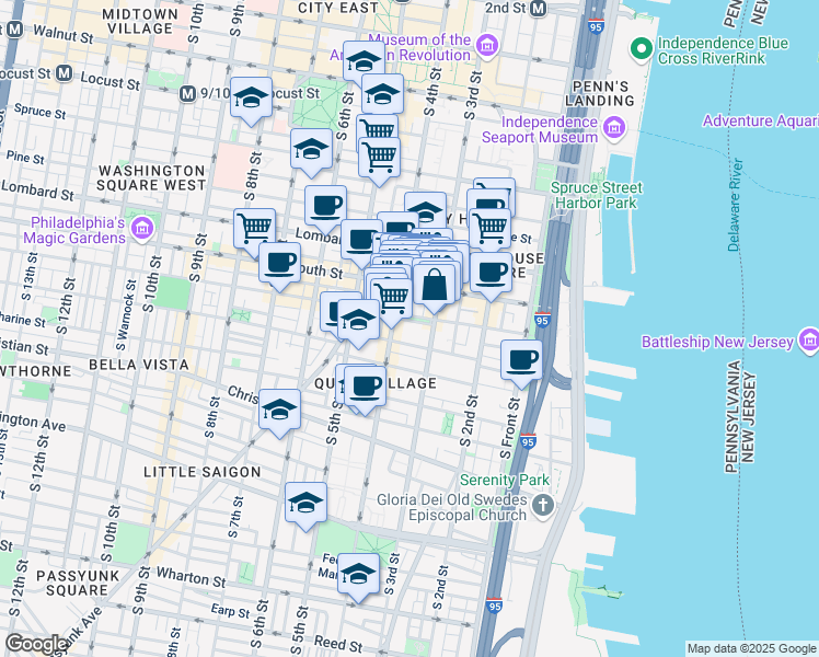 map of restaurants, bars, coffee shops, grocery stores, and more near 322 Bainbridge Street in Philadelphia