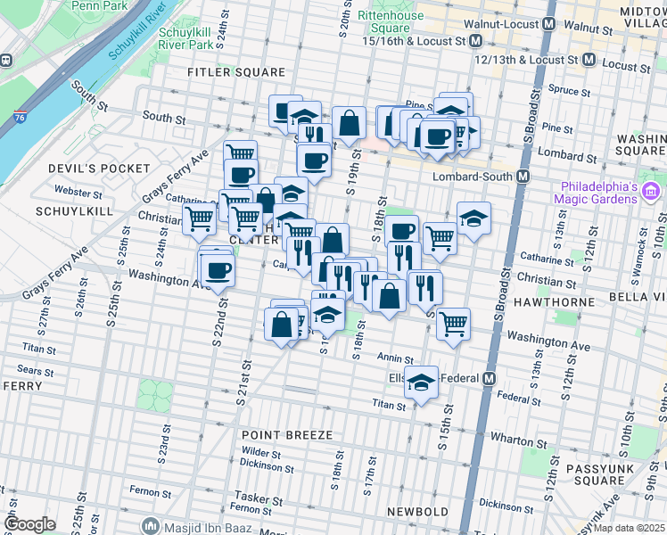 map of restaurants, bars, coffee shops, grocery stores, and more near 916 South 19th Street in Philadelphia