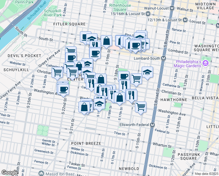 map of restaurants, bars, coffee shops, grocery stores, and more near 1810 Montrose Street in Philadelphia