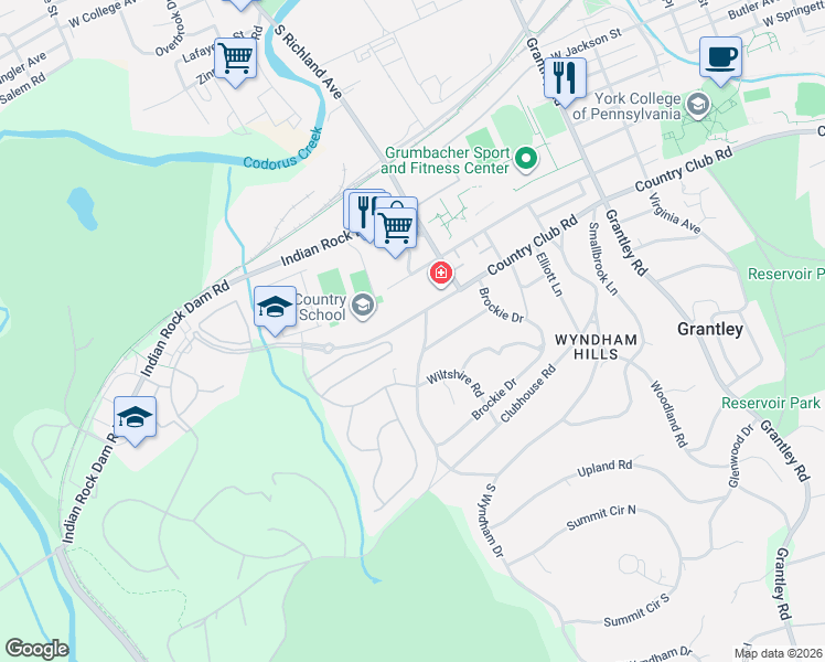 map of restaurants, bars, coffee shops, grocery stores, and more near 1000 Country Club Road in York